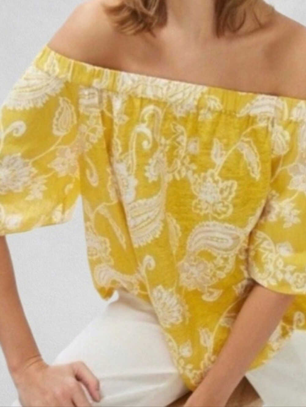 Chico's Mixed Media Off The Shoulder 100% Linen Blouse Shirt Yellow Sz 1 Medium
